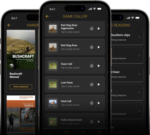 Hunt Mate app screens showing game caller sounds, offline handbooks and hunting seasons